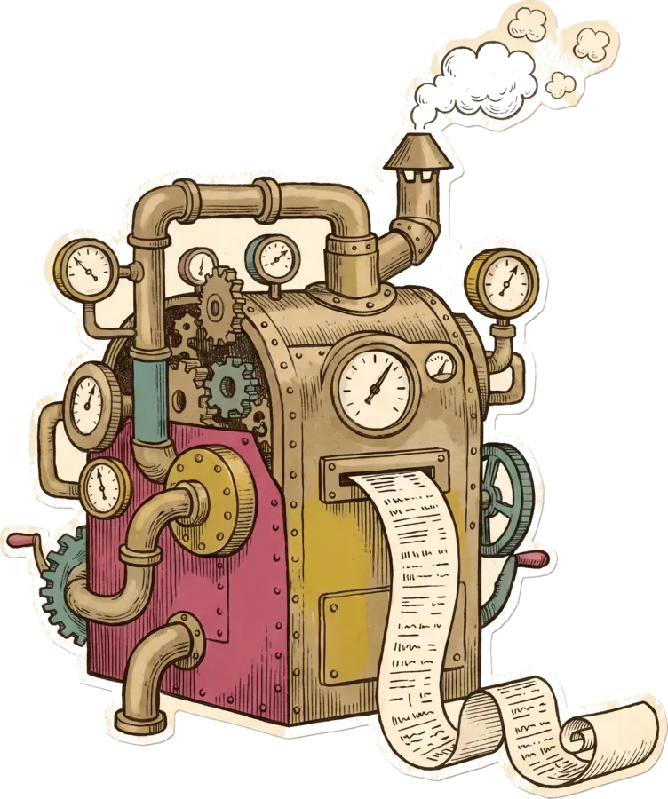 A steam-powered contraption covered in gauges, printing ticker tape