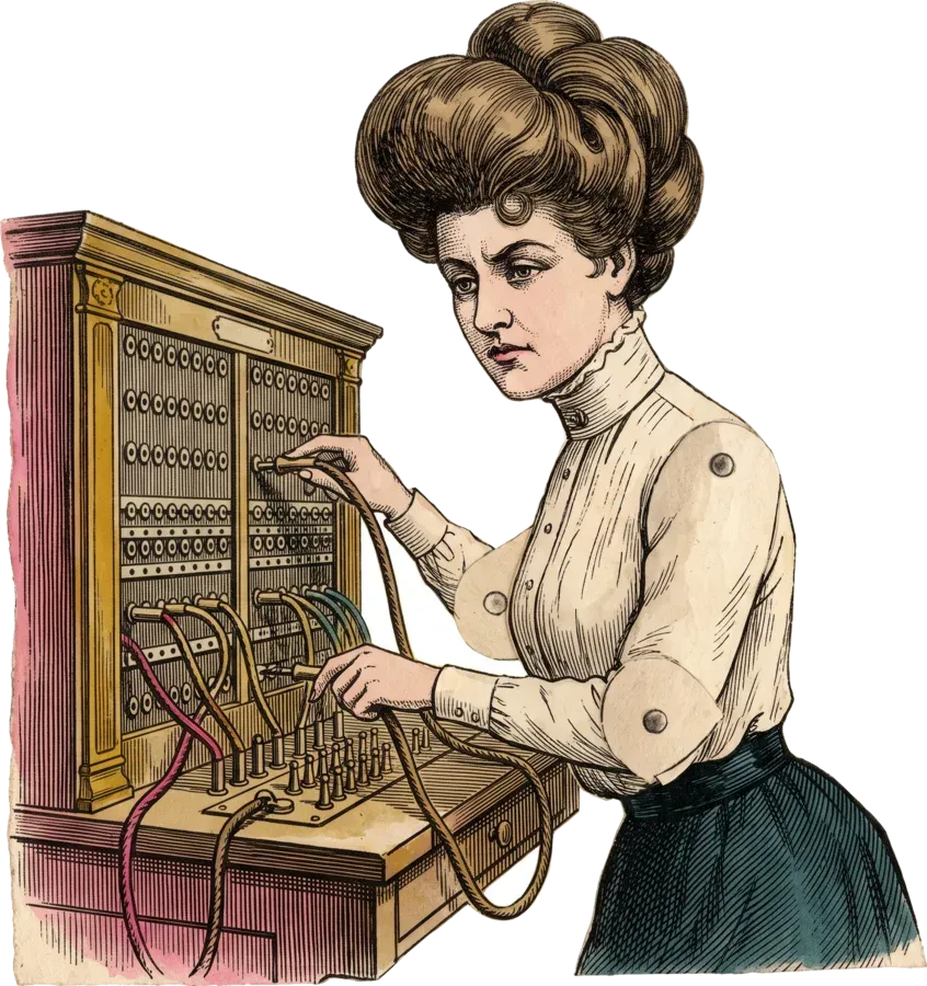 An Edwardian switchboard operator plugging in cables
