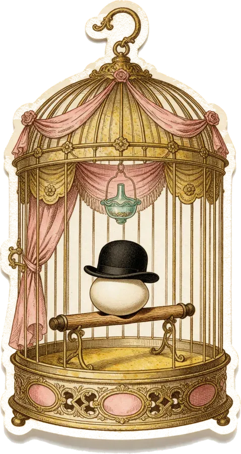An egg in a bowler hat sitting inside a gilded birdcage